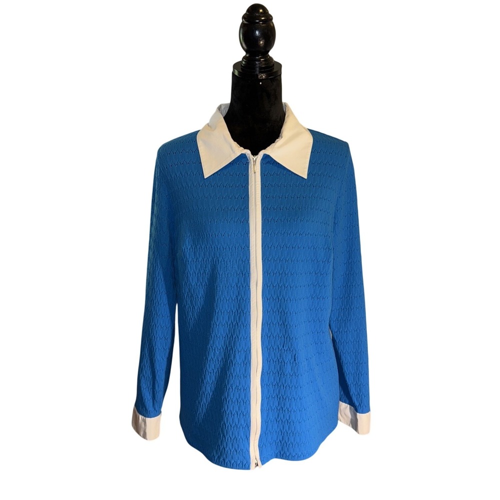 Doncaster Top Blue Two-Way Zip Front Textured Knit Contrast Collar Cuffs